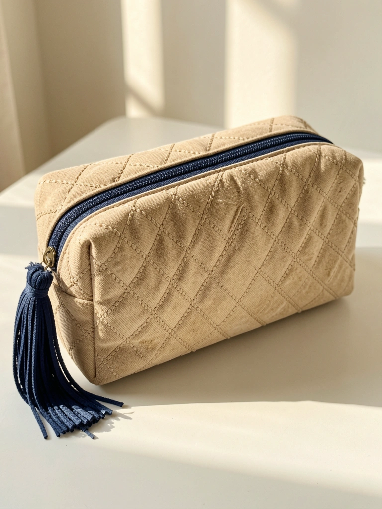 Bolsa cosmética bege acolchoada com zíper e pingente azul-marinho, detalhes em losangos, luz natural difusa sobre superfície branca.