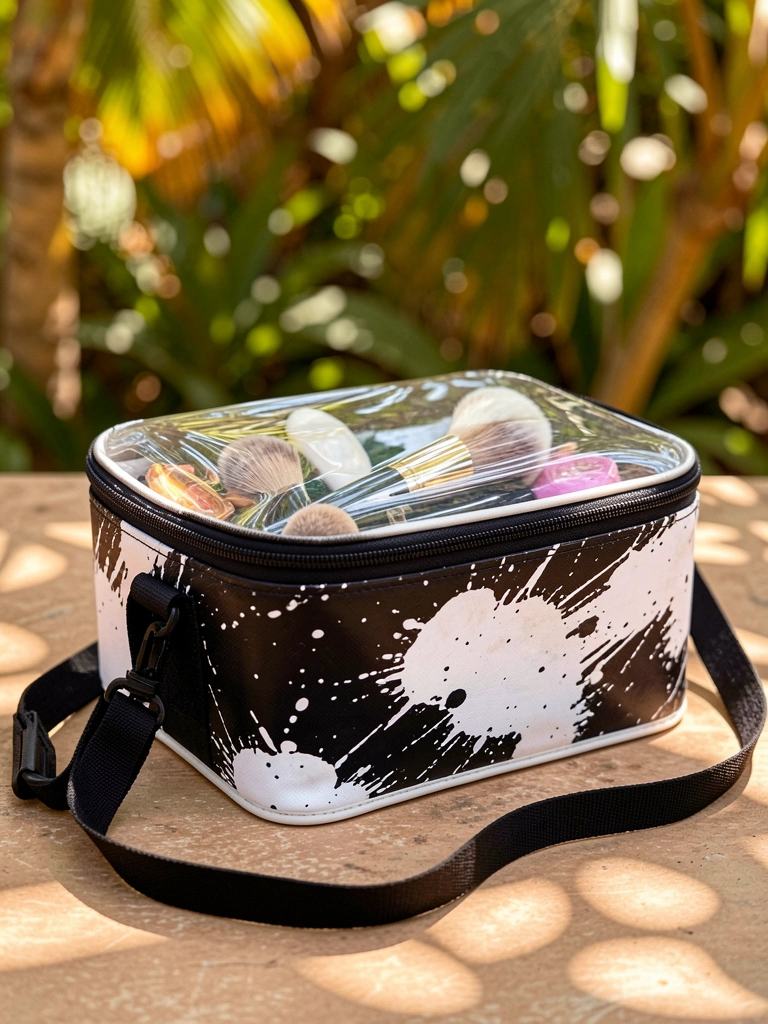 Caixa organizadora preta e branca com zíper transparente, pincéis de maquiagem visíveis, alça preta e fundo desfocado de folhagens tropicais com luz solar salpicada.