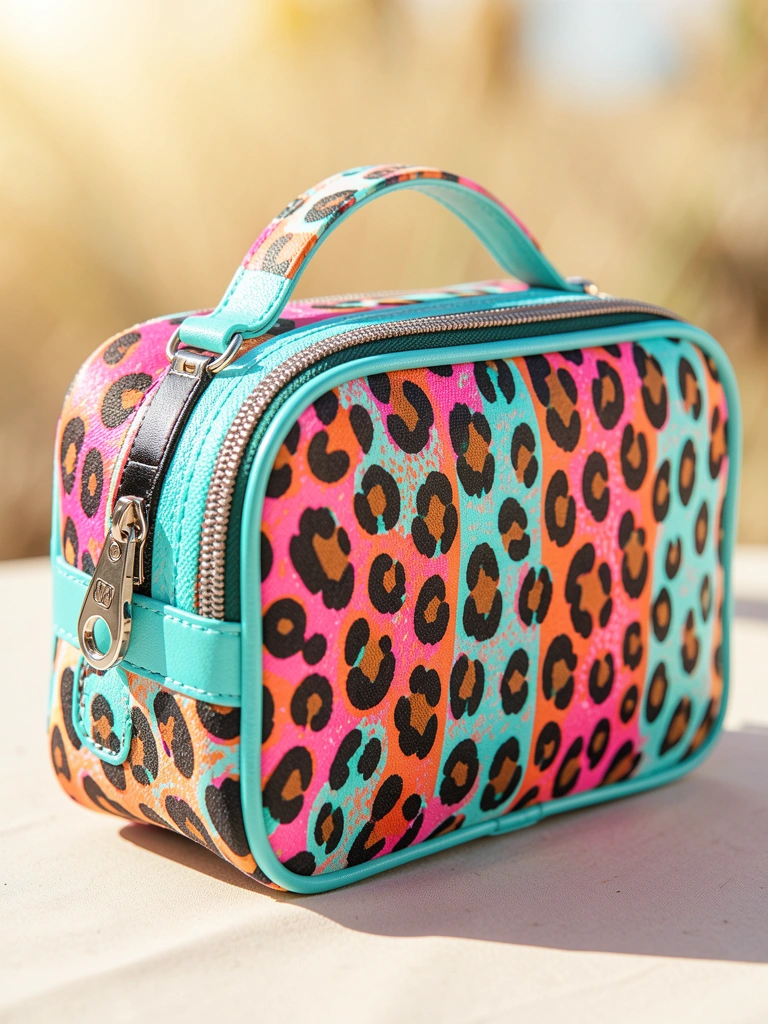 Bolsa de maquiagem com estampa de onça e detalhes em turquesa sobre superfície clara, zíper e alça visíveis, luz natural intensa.