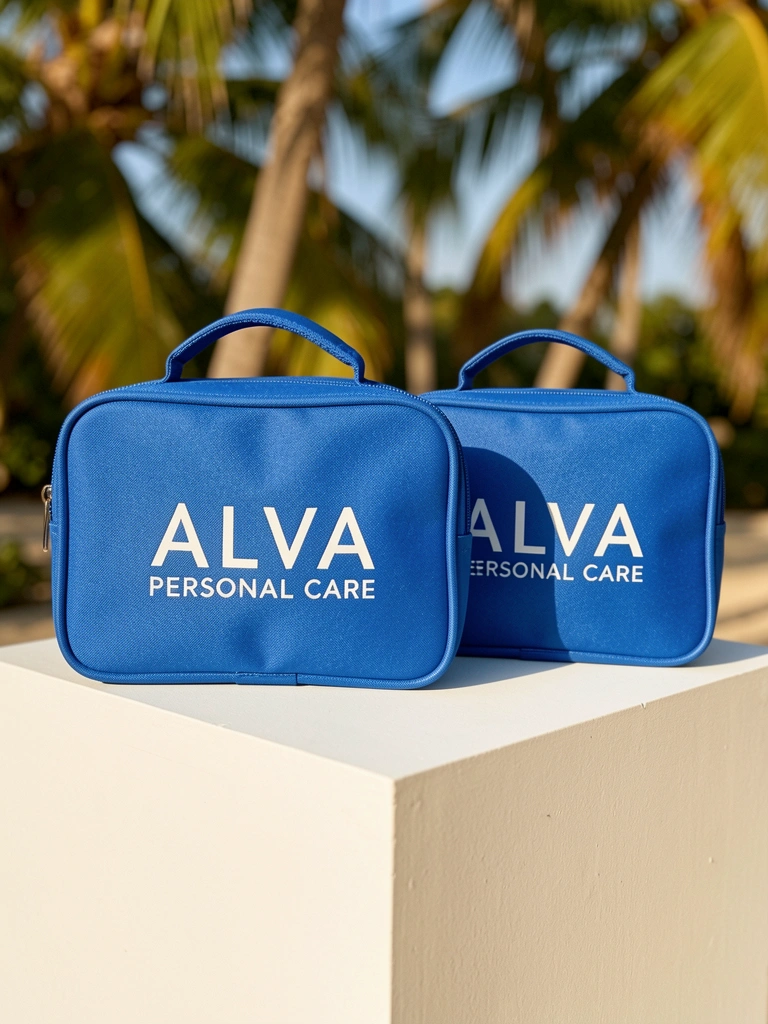 Duas bolsas de cosméticos azuis com alça e zíper sobre cubo branco, costura detalhada e luz natural tropical.