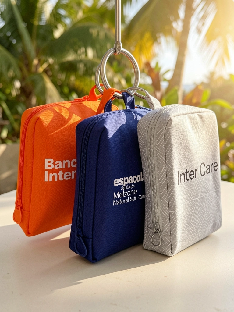 Três necessaires retangulares laranja, azul e cinza com logotipos brancos penduradas em um argola de metal prateado, luz natural suave.