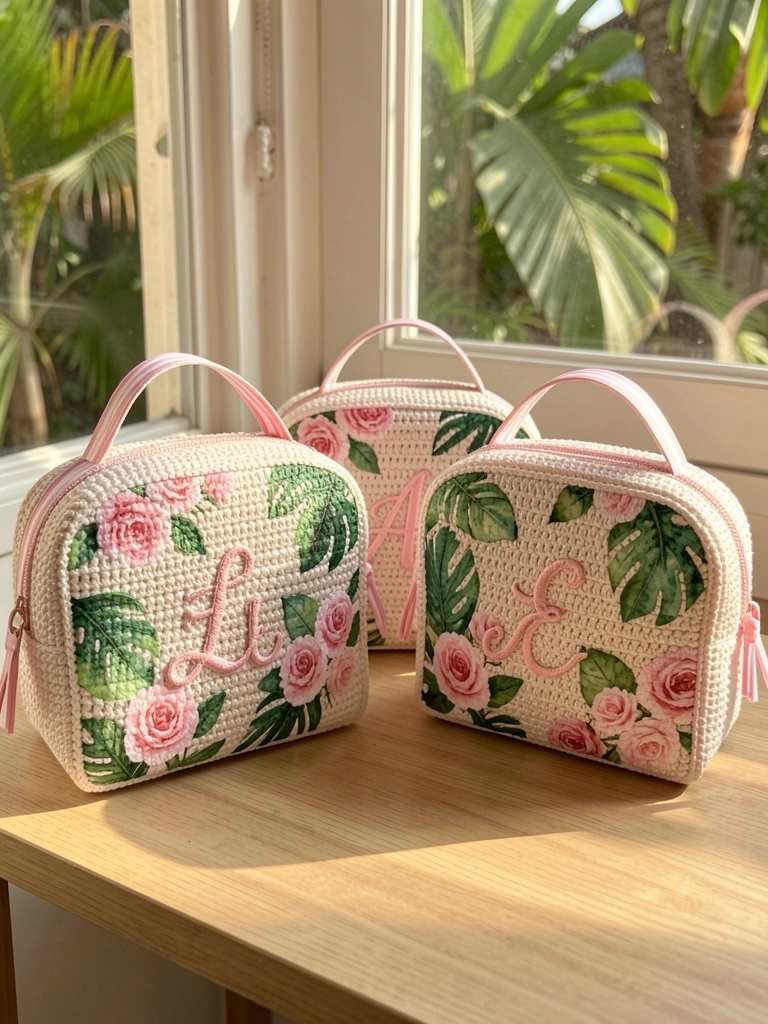 Três nécessaire de crochê com estampa floral de rosas e folhas tropicais, monogramas L, A, E em rosa, alças listradas, sobre madeira clara com luz natural.