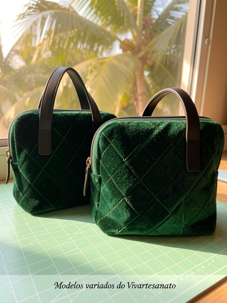 Duas necessaires de veludo verde-escuro com padrão diamond quilted, alças de couro preto e costura detalhada, sobre uma base de corte verde-claro sob luz natural.