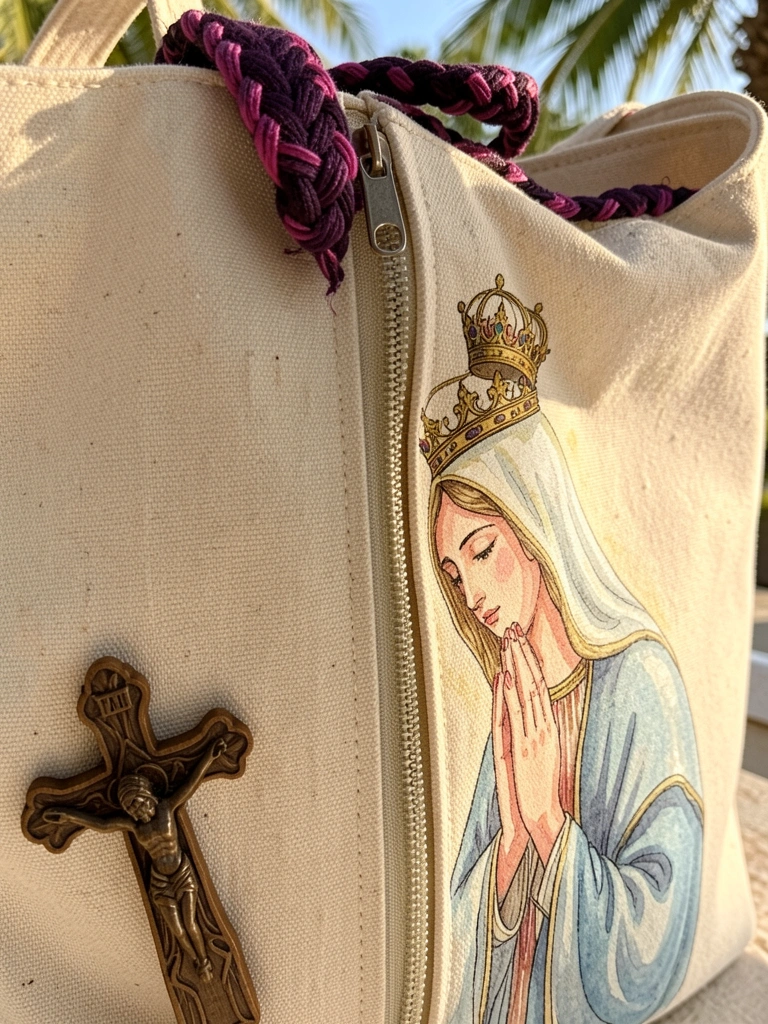 Bolsa de lona bege com ilustração em aquarela de Nossa Senhora, zíper longo e detalhe em cordão roxo e rosa, crucifixo de madeira no canto, luz natural.