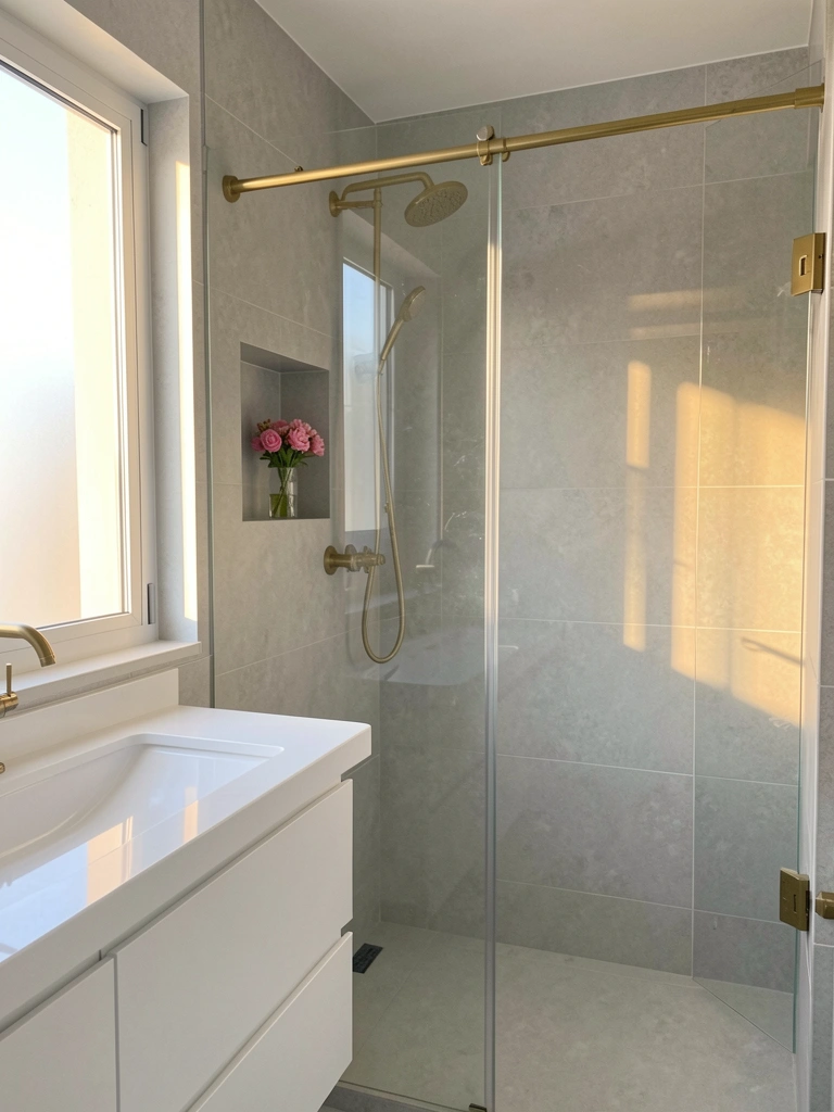 Luz natural entra por janela ampla em banheiro com box de vidro sem moldura, bancada branca e parede de azulejos texturizados cinza claro.