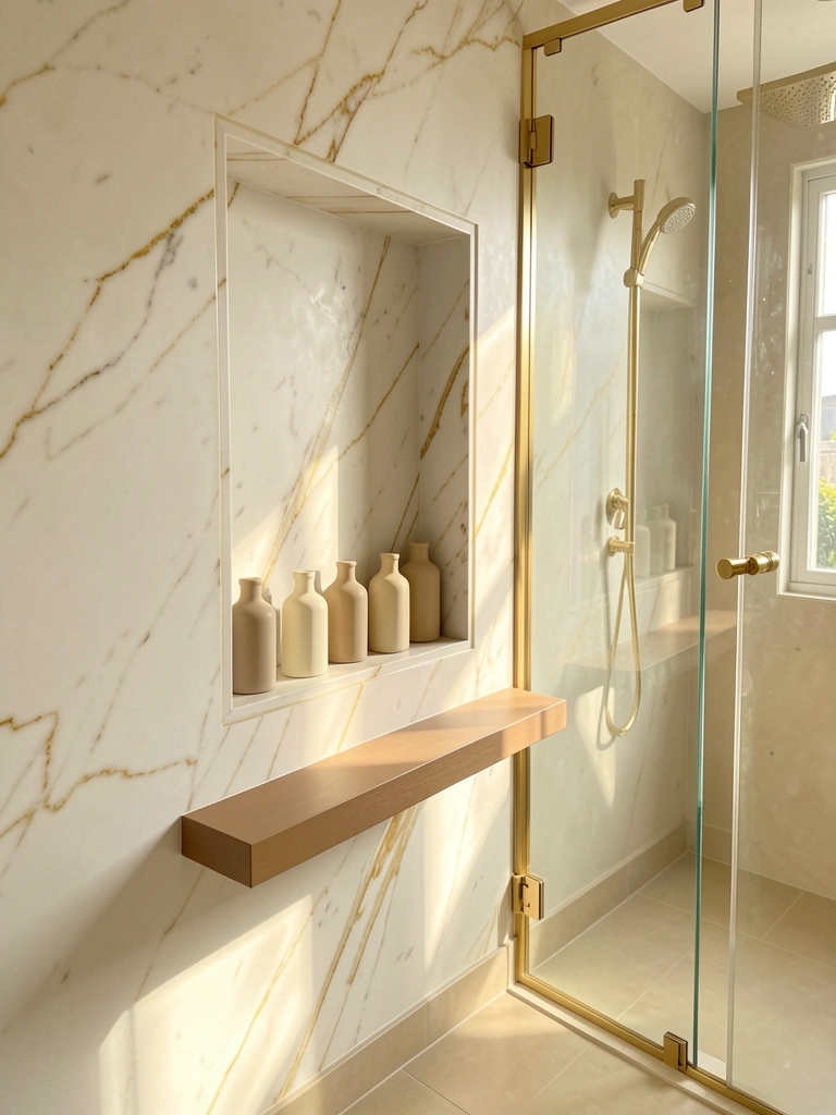 Nicho de mármore branco com veios dourados exibe frascos cerâmicos bege e creme, prateleira marrom clara abaixo, box de vidro com ferragem dourada e piso claro refletem luz natural.