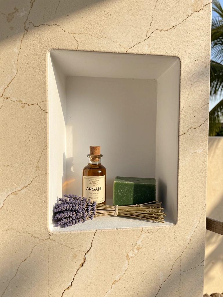 Nicho branco em parede bege texturizada com frasco de óleo de argão, sabonete verde e lavanda seca, luz natural criando sombras suaves.
