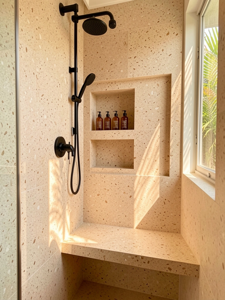 Luz natural incide sobre nichos de terrazzo bege com frascos âmbar e chuveiro preto.