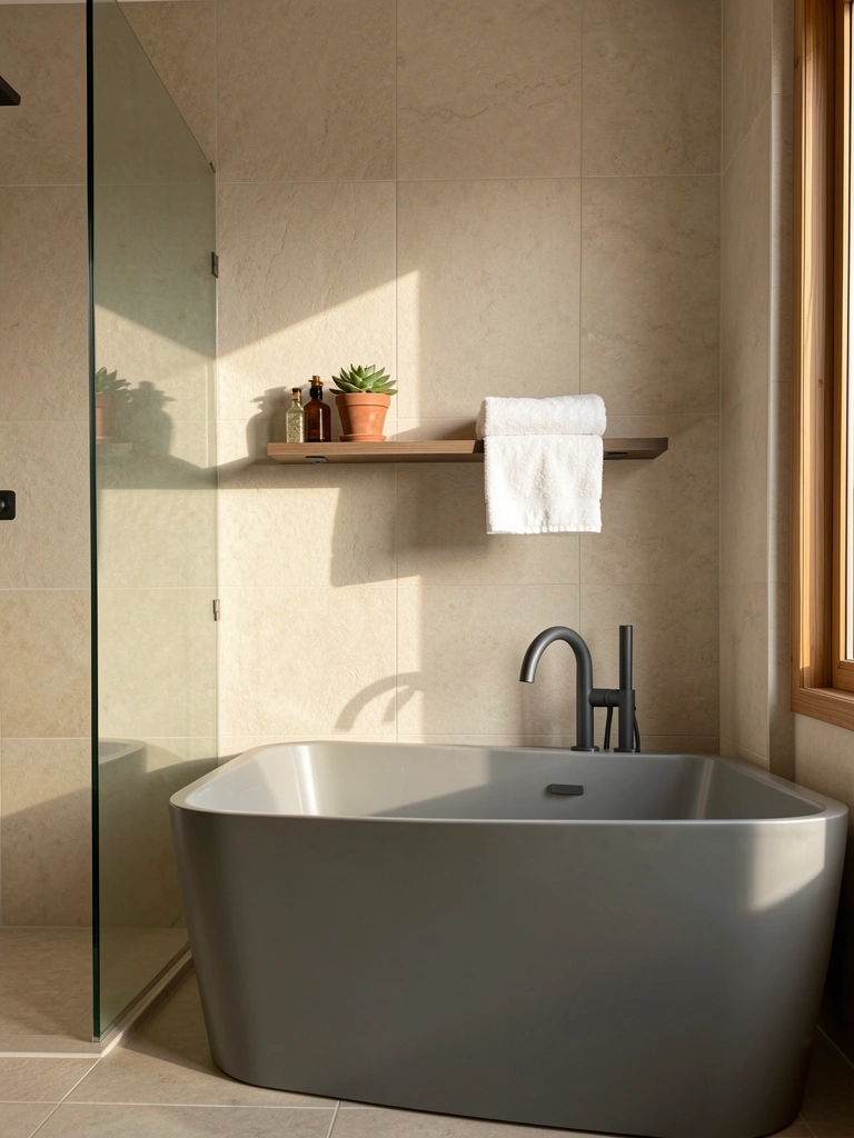 Luz natural incide sobre banheira retangular com torneira cinza escura contra parede bege com azulejos texturizados, prateleira flutuante com suculenta e frascos.