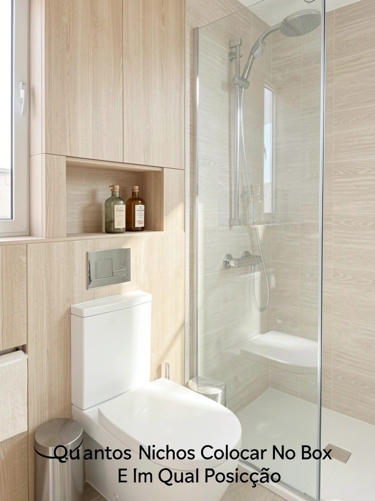 Banheiro branco com vaso sanitário, box de vidro e nicho iluminado por luz natural, prateleira embutida com dois frascos decorativos.