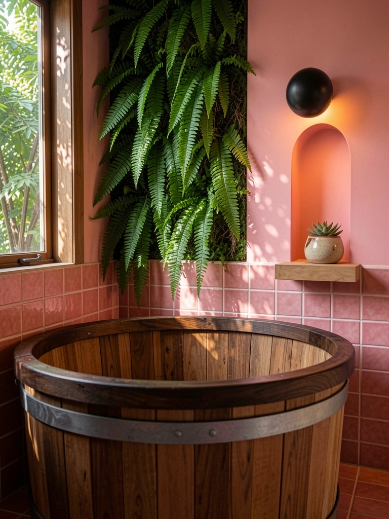 Banheira de madeira com borda escura cercada por azulejos cor-de-rosa, parede de samambaias verdes e luz solar filtrada.