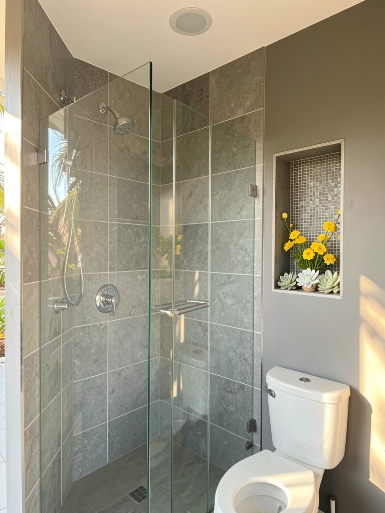 Box de chuveiro cinza com porta de vidro, vaso sanitário branco, nicho com mosaico e arranjo de flores amarelas e suculentas brancas, luz natural.