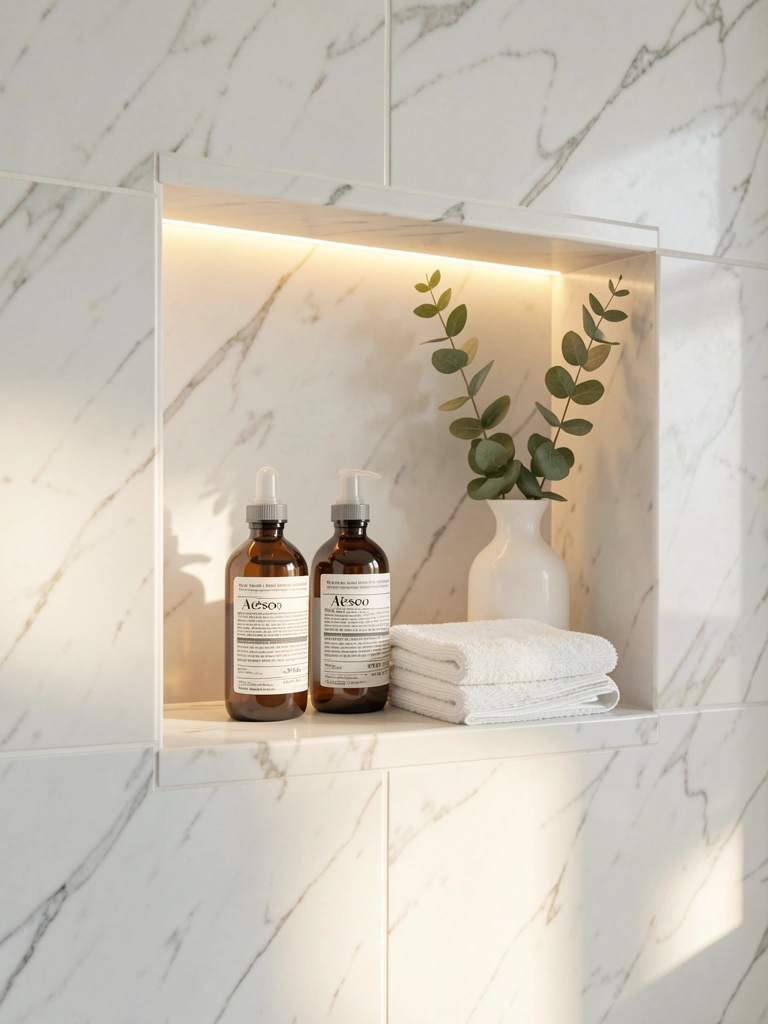 Prateleira embutida em mármore branco com iluminação LED suave, três frascos Aesop brancos e cinza, toalhas dobradas e um vaso com eucalipto.