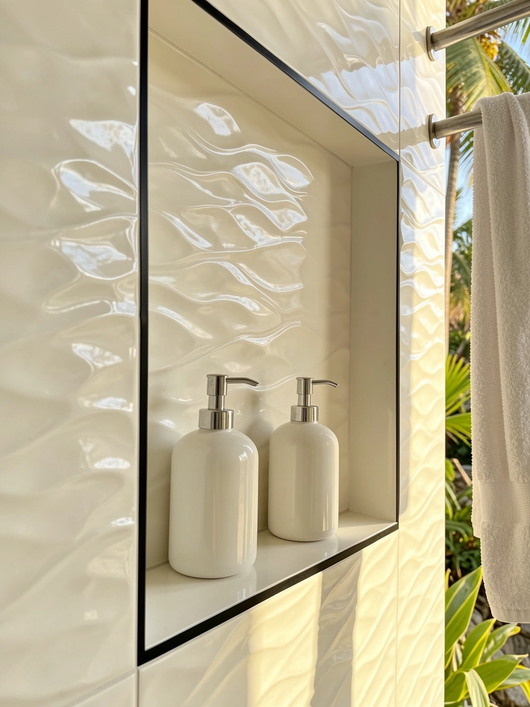 Nicho de banheiro com azulejos ondulados creme e textura acetinada, dois dispensers cerâmicos brancos refletindo luz, toalha branca pendurada e faixa preta fina na borda.