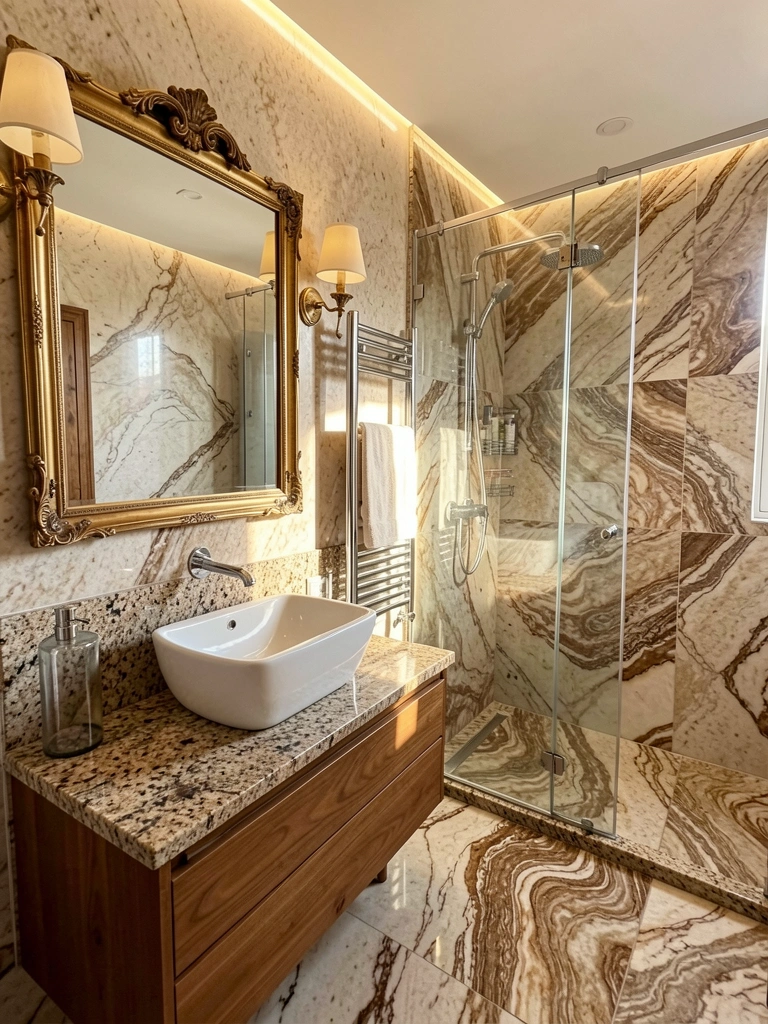 Lavabo com pia de embutir branca sobre bancada de madeira, espelho oval com moldura dourada e arandelas de luz quente refletindo nos mármores bege e marrom.