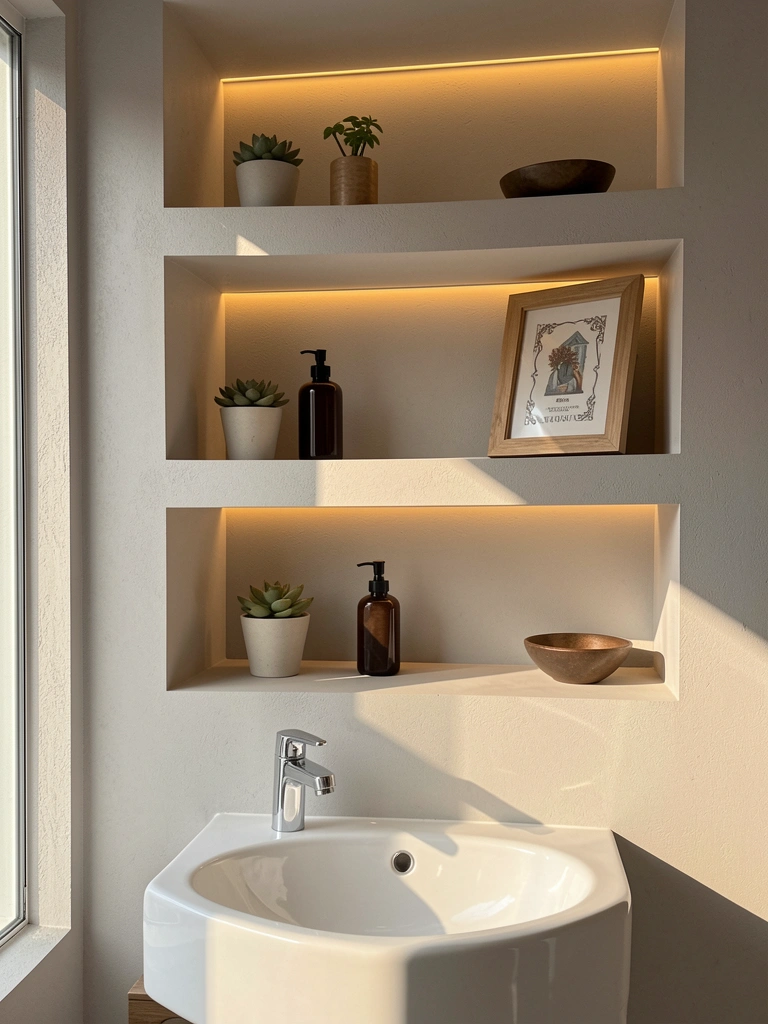 Prateleiras embutidas iluminadas com luz quente em nicho de banheiro, exibindo pia branca, saboneteira marrom e suculenta em vaso.