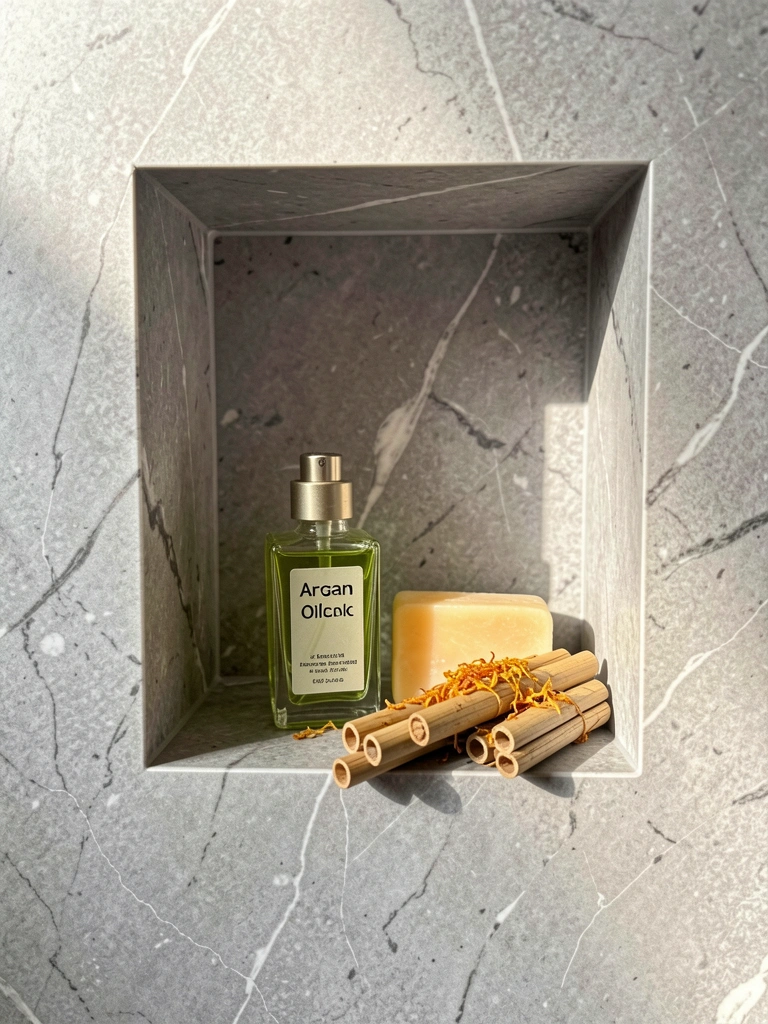 Nicho de mármore cinza com frasco de óleo de argão, garrafa verde, sabonete e bambu com casca de limão, luz natural.