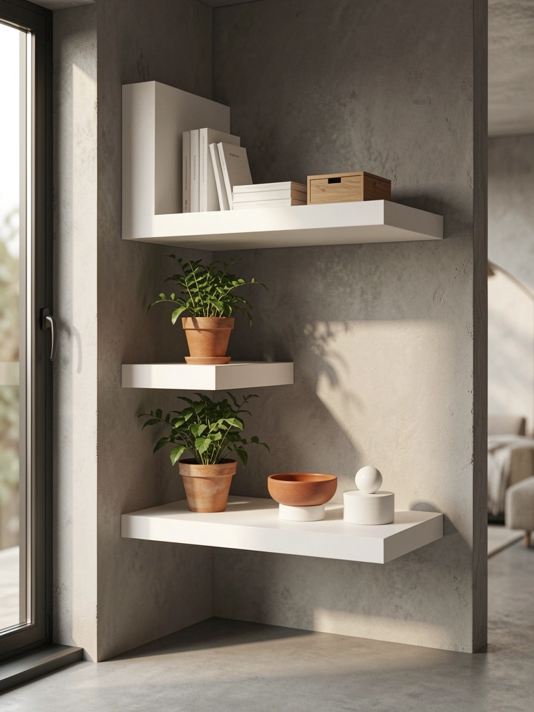Prateleiras flutuantes geométricas brancas em forma de L embutidas em parede de concreto texturizado cinza, com vaso de terracota e livros empilhados, luz natural suave.