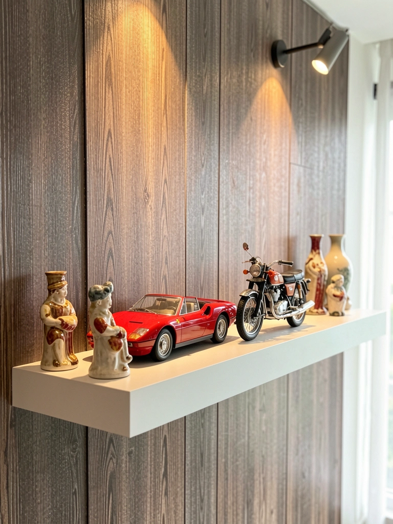 Prateleira flutuante branca com miniaturas de Ferrari vermelha e moto clássica, entre vasos cerâmicos, sob luz direcionada em painel texturizado marrom e cinza.