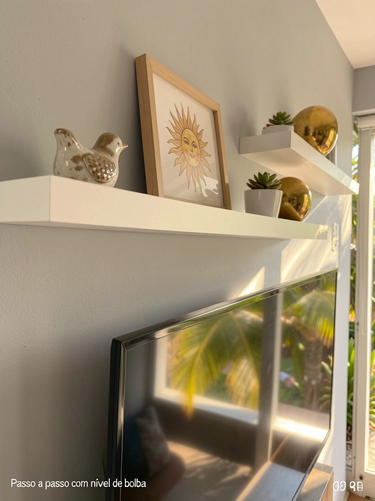 Prateleiras flutuantes brancas em parede cinza claro com pássaro de cerâmica, moldura com sol, suculenta em vaso branco e esfera dourada, TV abaixo, luz natural.