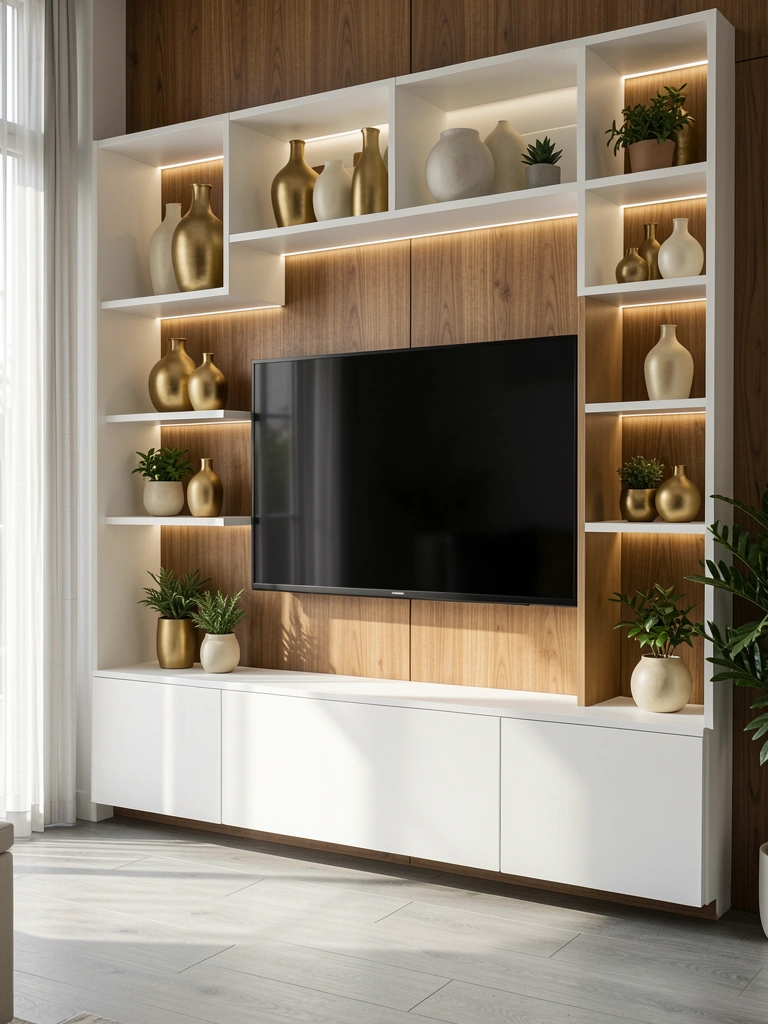 Prateleira embutida branca com vasos dourados e creme, plantas e luz LED sob painel de madeira, piso claro.