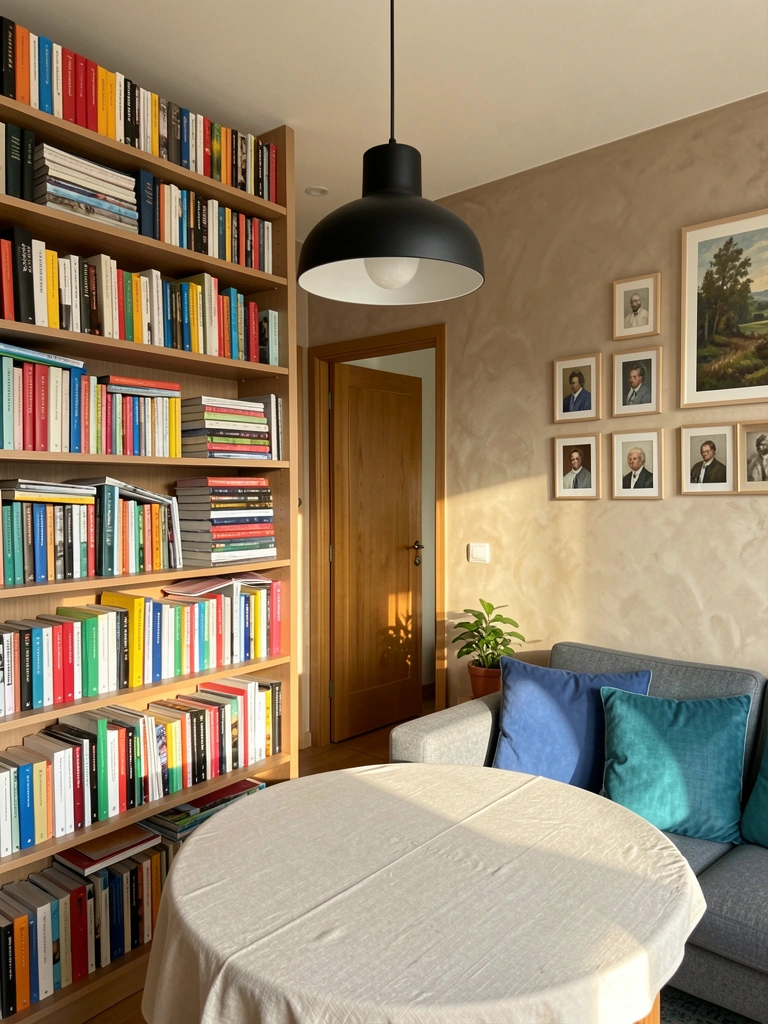 Luz natural incide sobre estante repleta de livros e revistas coloridas, ao lado de sofá cinza com almofadas azuis e um quadro na parede texturizada.