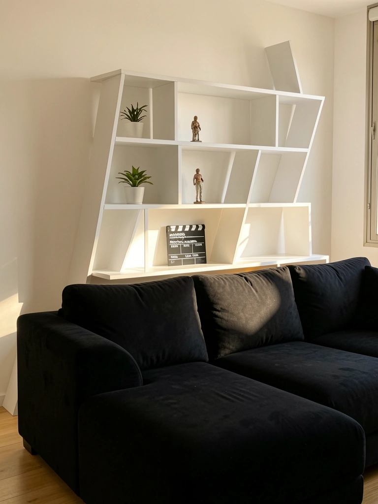 Prateleira modular branca com vegetal e claquete de cinema, sofá preto em primeiro plano e luz natural suave.