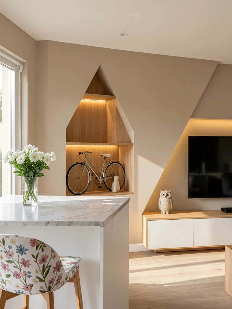 Prateleiras geométricas iluminadas em nicho de parede bege, com bicicleta decorativa, buquê branco na bancada de mármore e poltrona floral.
