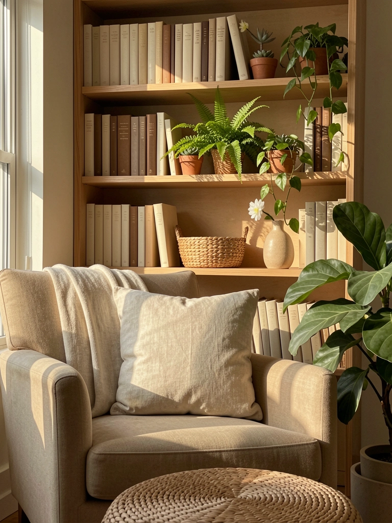 Prateleiras de madeira clara com livros, vaso de cerâmica com flor branca, samambaia e suculenta, iluminadas por luz natural que projeta sombras.