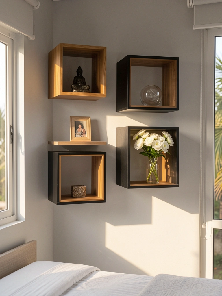 Prateleiras flutuantes de madeira e preto em parede cinza claro com mini Buda, moldura, esfera de vidro e vaso com flores brancas sob luz natural.