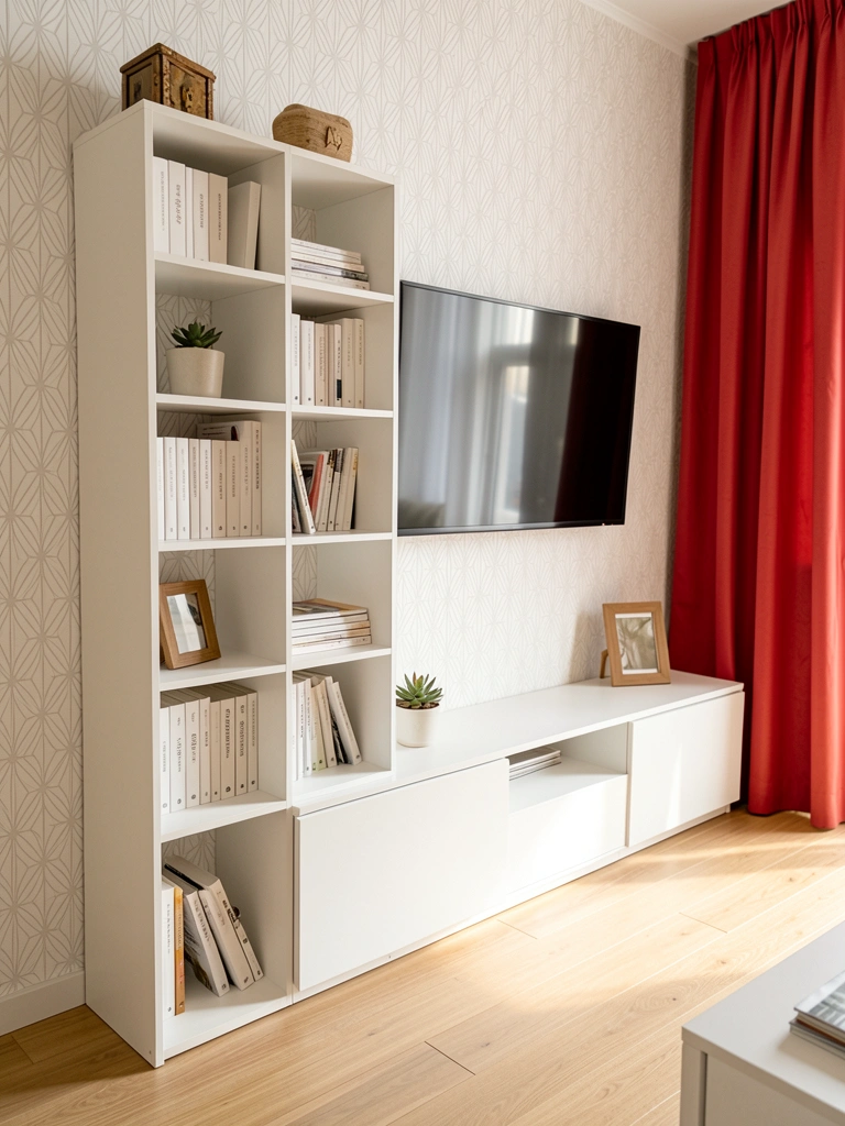 Prateleiras modulares brancas com livros e suculenta sobre piso de madeira clara, parede com papel geométrico e cortina vermelha.