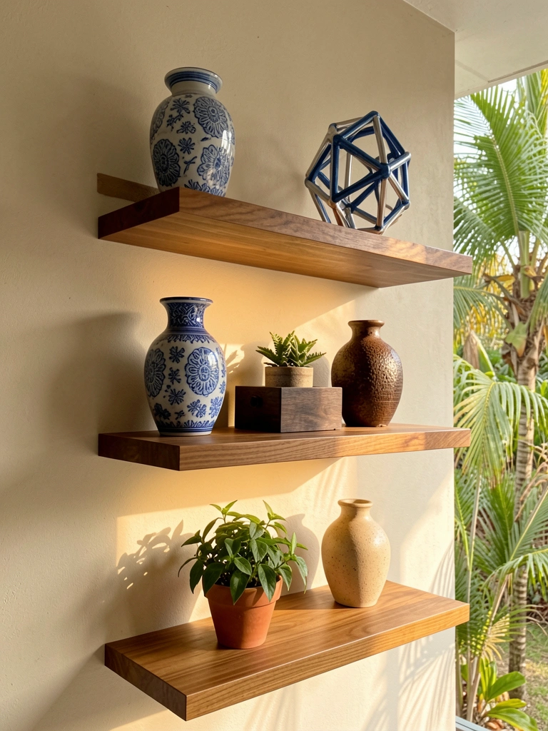 Três nichos de madeira em parede clara com vaso azul e branco, pote marrom texturizado, planta em vaso de terracota e escultura geométrica, sob luz difusa.