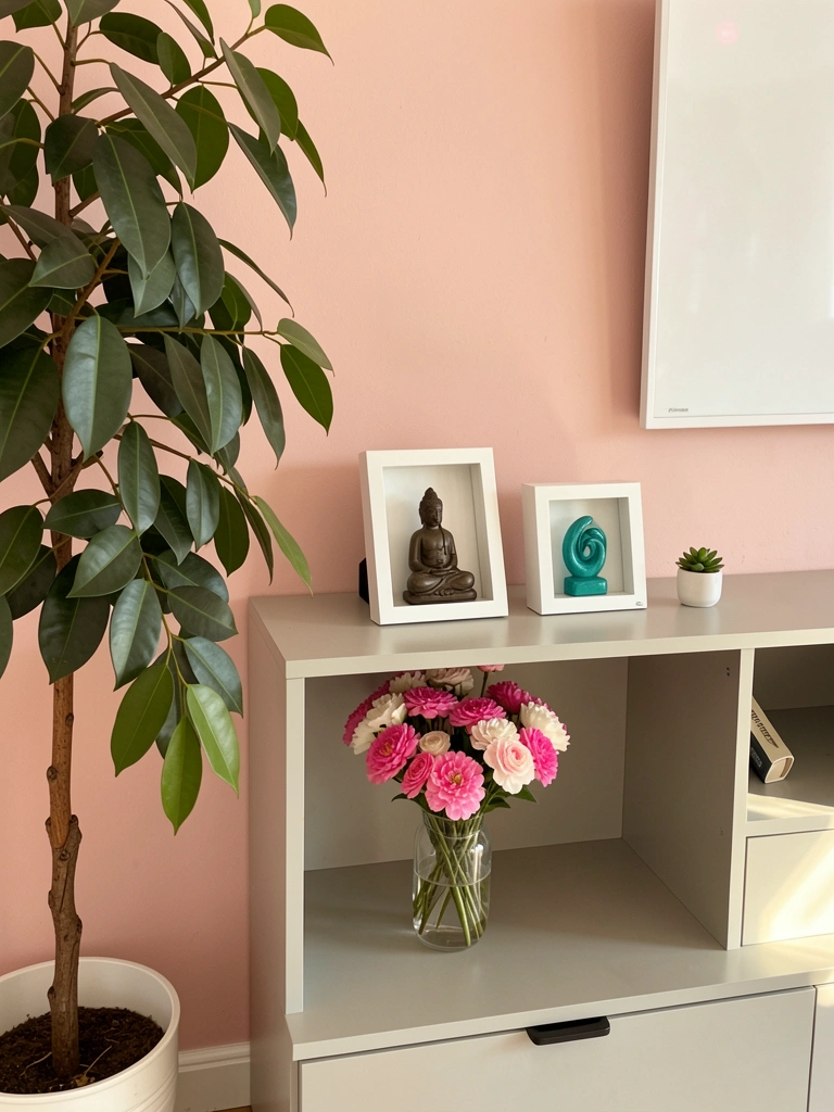 MDF cinza claro com nichos integrados, vaso de flores rosas e brancas, ficus à esquerda, luz natural filtrada.