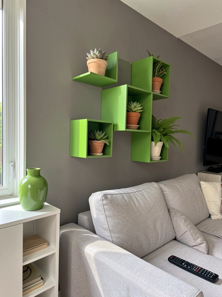 Prateleiras verdes em nichos de parede com vasos de plantas, sofá cinza claro e controle remoto, luz natural vinda da janela.