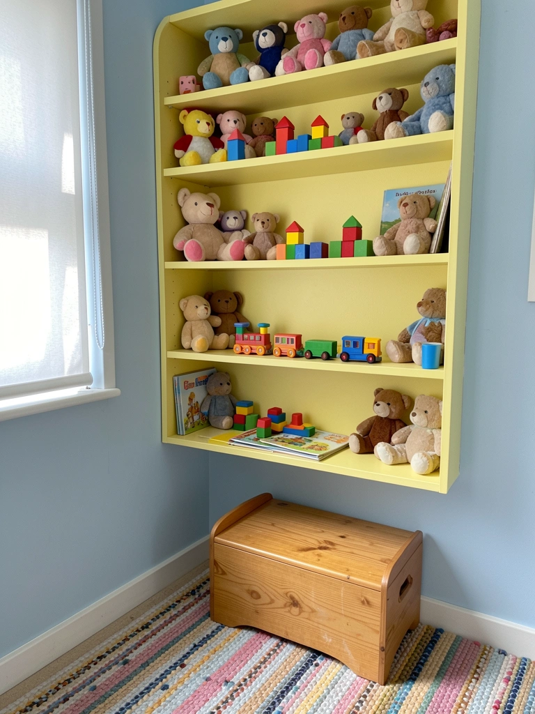 Nicho infantil colorido com brinquedos empilhados e livros.