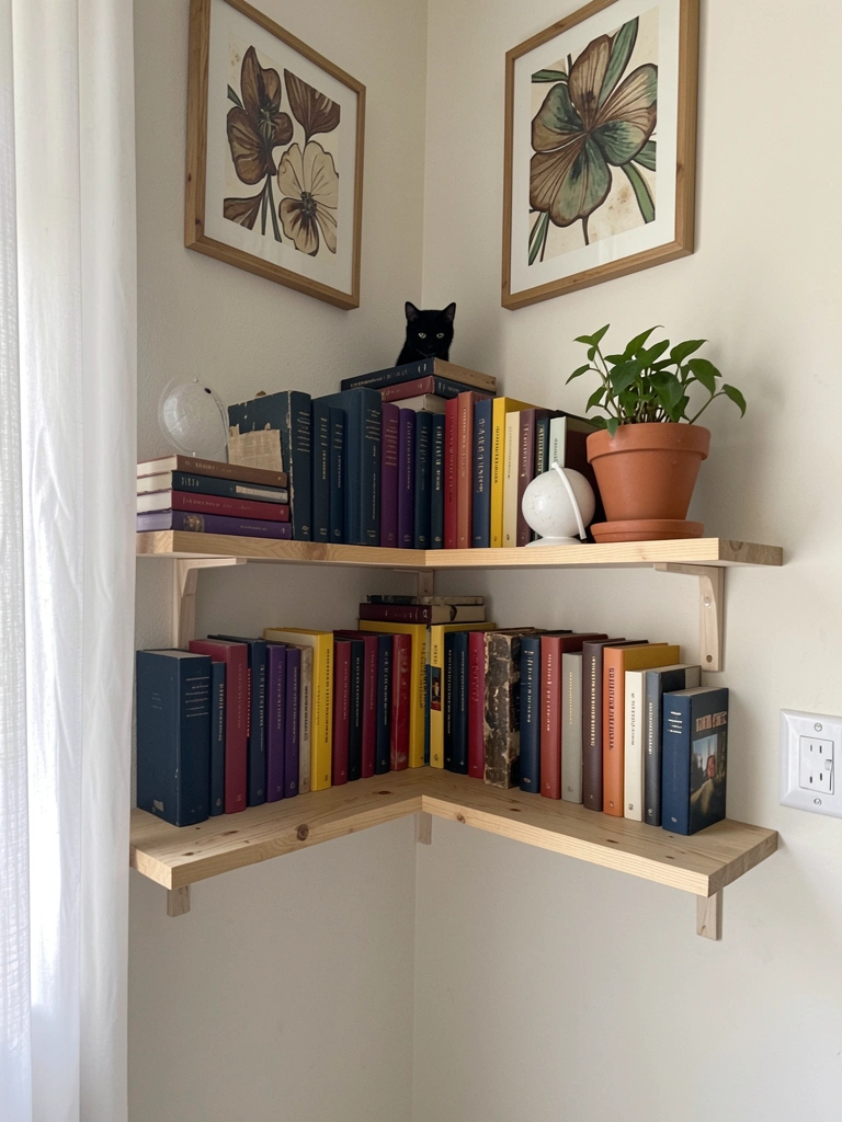 Nicho de parede com livros, vaso de cerâmica e moldura dourada, iluminado por luz indireta.