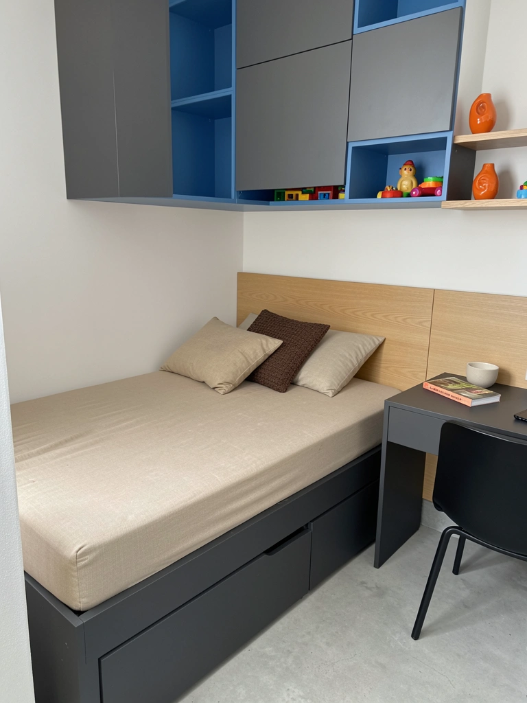 Nicho de parede ao lado de criado-mudo, ambos com objetos decorativos, em quarto claro.