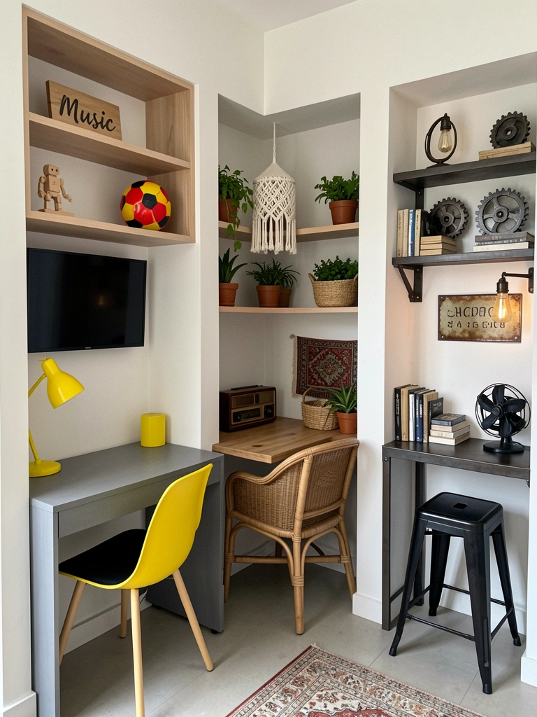 Três nichos de parede em estilos minimalista, boho e industrial, lado a lado.