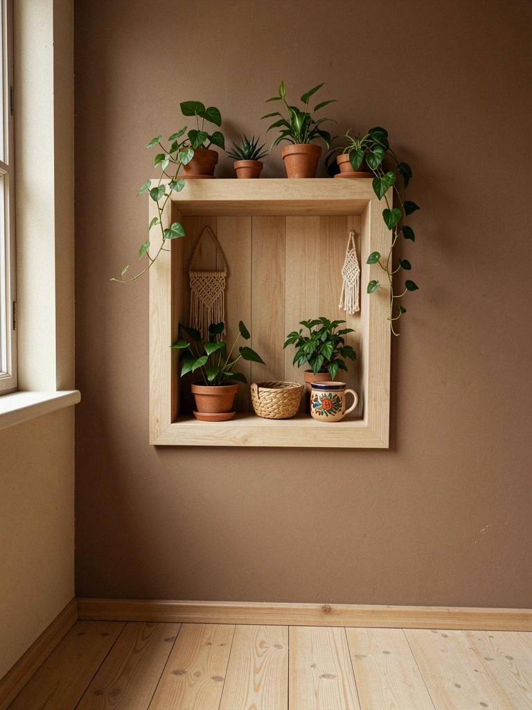 Nicho de madeira na parede com vasos de plantas e peças de artesanato.
