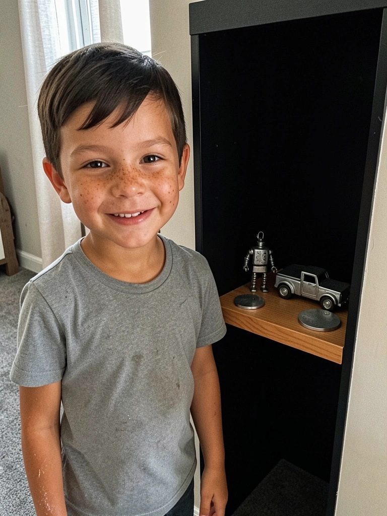 Nicho preto com prateleira de madeira exibindo objetos metálicos