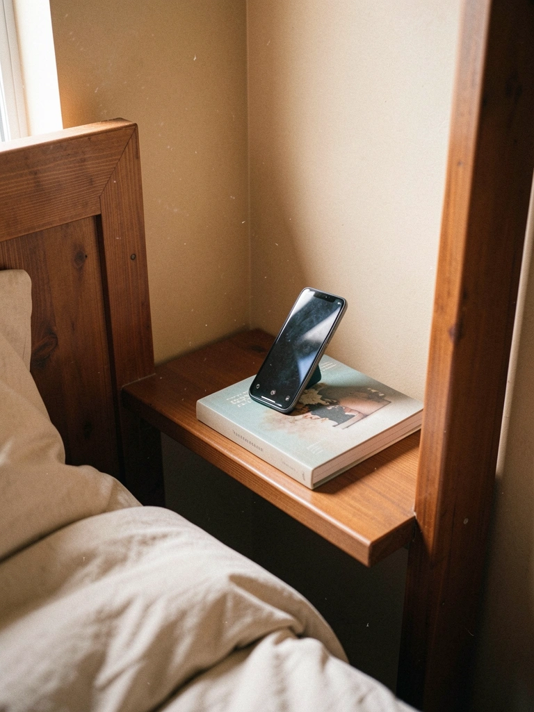 Nicho de parede ao lado de uma cama com celular e livro apoiados.