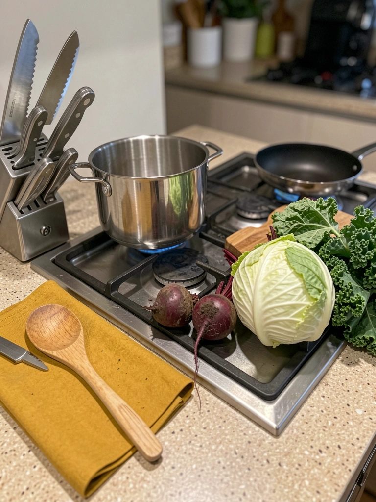 Cooktop moderno embutido em bancada de granito com panelas de aço inoxidável.