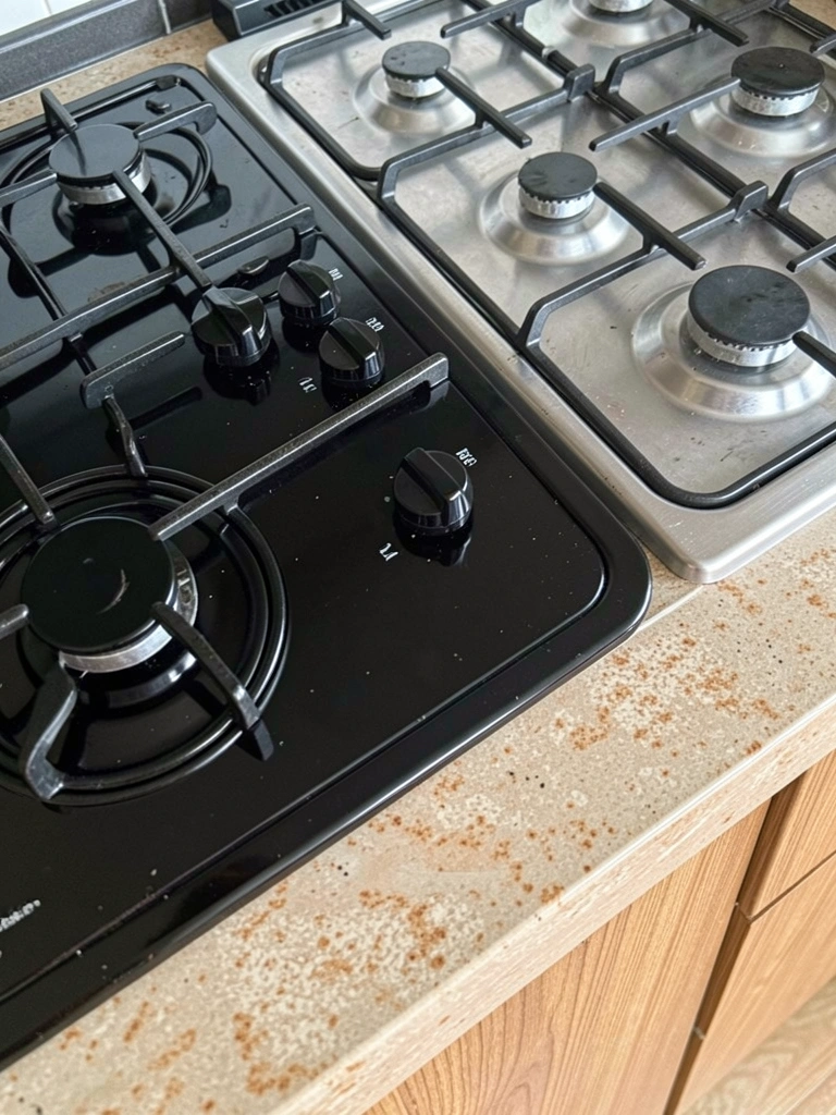 Dois aparelhos de cozinha lado a lado: cooktop de vidro preto com quatro queimadores e fogão metálico com grades e botões.