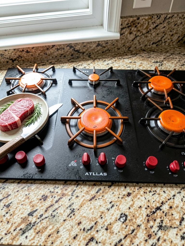 Três cooktops lado a lado: um a gás, um por indução e um elétrico, com superfícies de vidro e aço inoxidável.