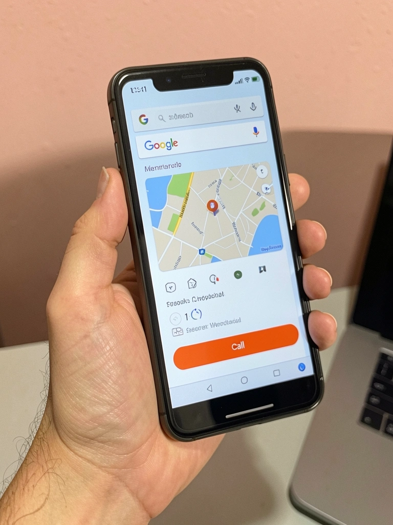 Smartphone exibindo anúncio do Google com mapa e botão 