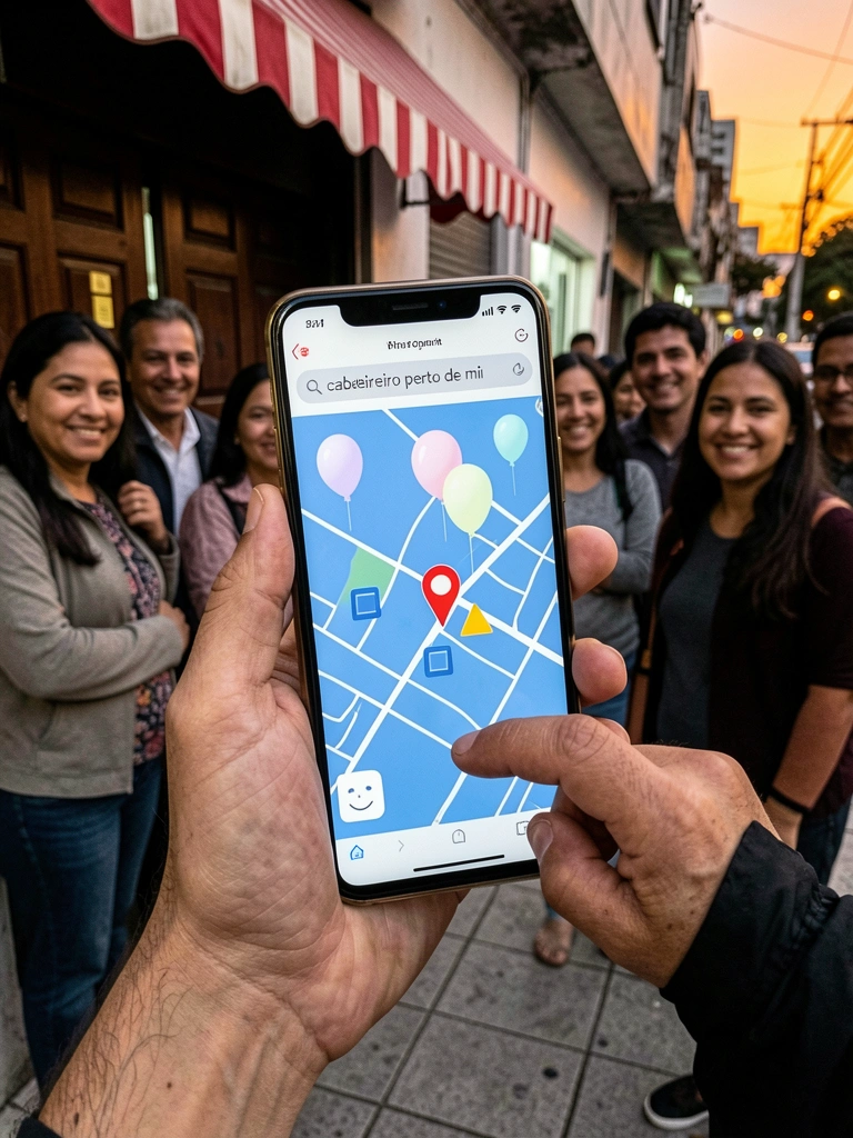 Mão segurando celular com resultado de busca por 