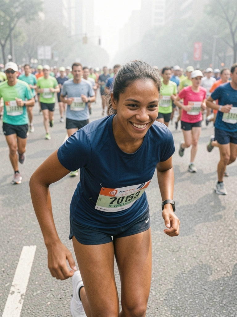Corredores em uma maratona urbana com muitos participantes ao fundo.