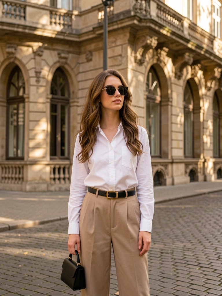 Mulher de camisa branca e calça bege em rua de paralelepípedos, edifício europeu com janelas em arco ao fundo, luz solar filtrada.