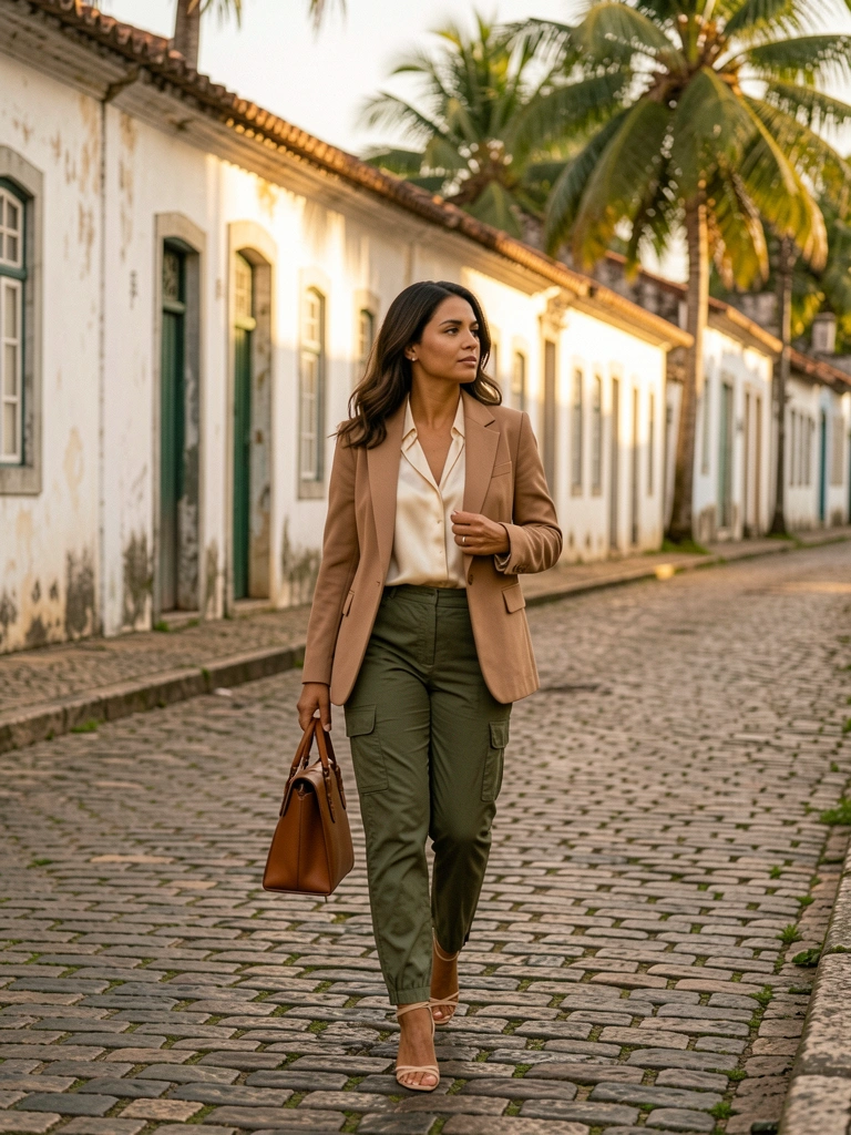 Mulher em blazer bege e calça cargo verde-oliva em rua de paralelepípedos com casarios brancos e telhados de terracota, luz dourada do fim de tarde.