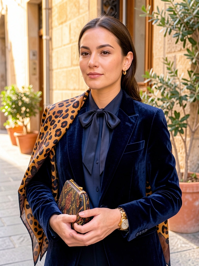 Veludo azul-marinho de um blazer com laço, bolsa estampada e lenço de oncinha em cena de rua ensolarada.